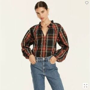 Like New - J. Crew Scalloped Tie-Neck Top Stewart Tartan - Size XS